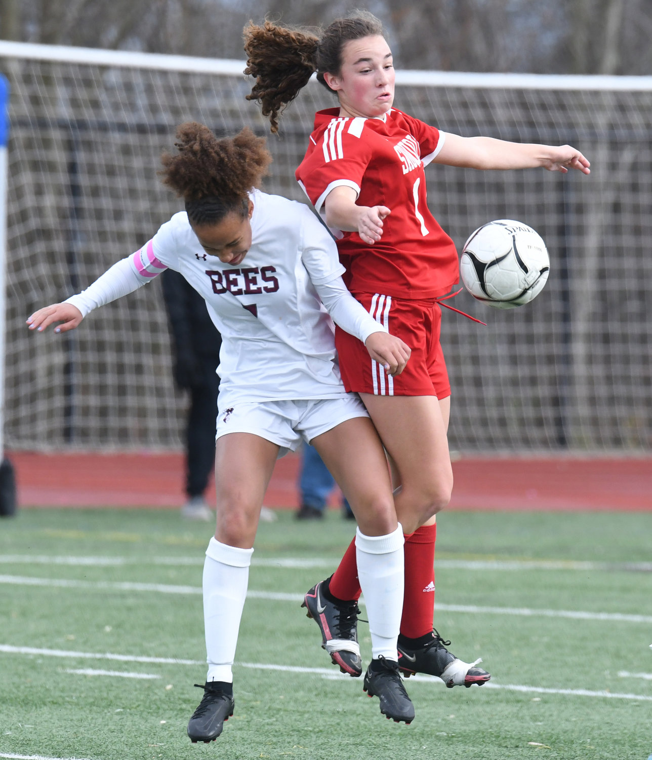 Sauquoit Valley's Ella DiSchiavo, right, and Byron-Bergen's Ava Wagoner collide while trying to play the ball Saturday at Cortland High School in the Class C state semifinals. Sauquoit never trailed, winning 2-1 to advance to the championship game Sunday.