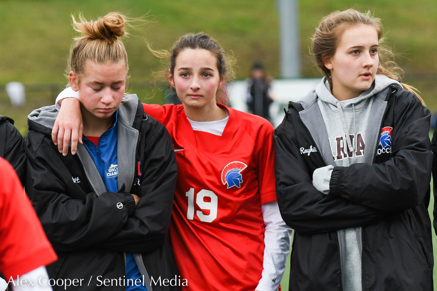 New Hartford players react after losing to Albertus Magnus 3-1 in the Class A state final on Sunday at Tompkins-Cortland Community College.