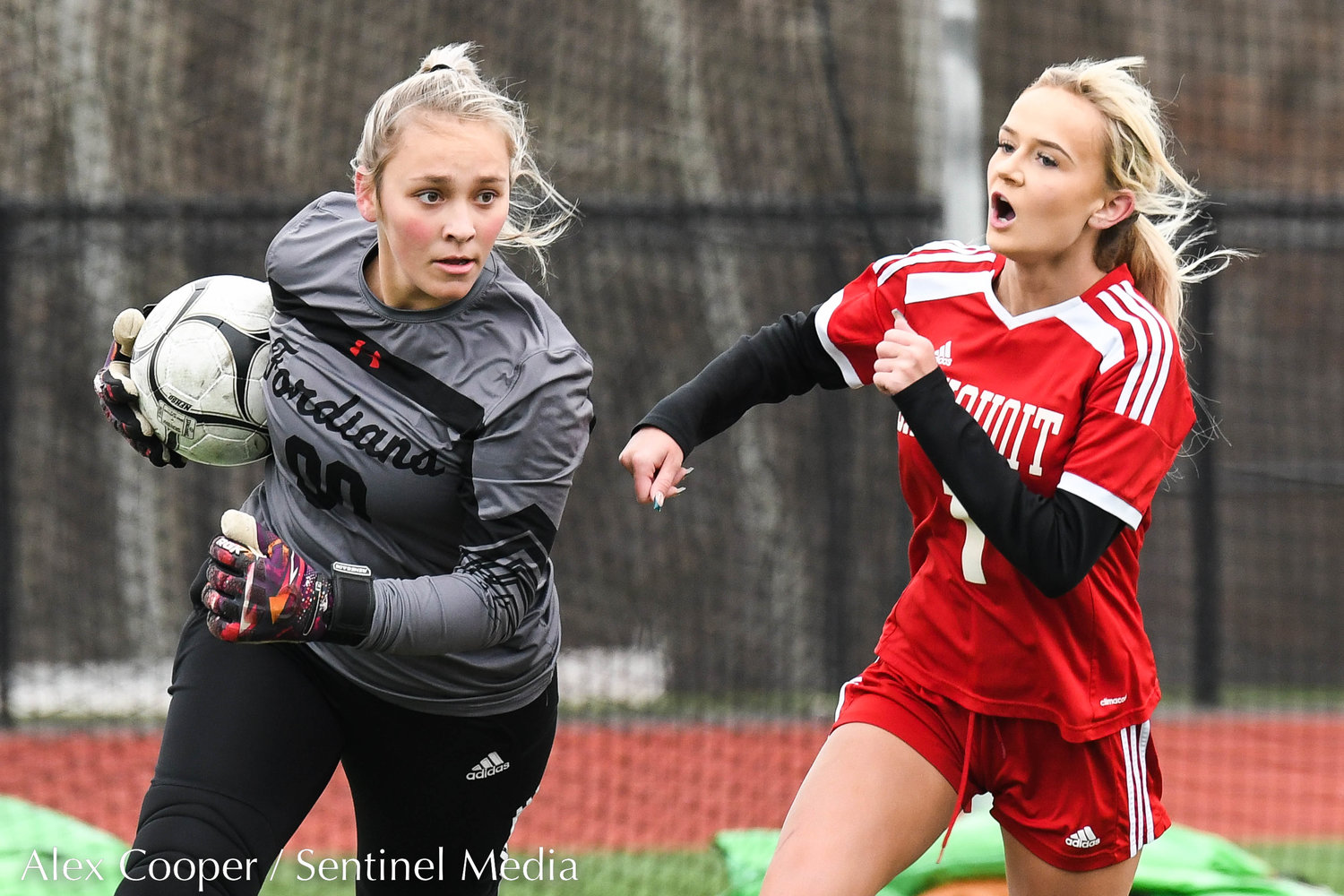 Sauquoit Valley player Paige Kuhn, right, reacts after Waterford-Halfmoon goalie Maddy Atwood makes a save during the Class C state final on Sunday at Cortland High School. The Indians lost 6-3.
