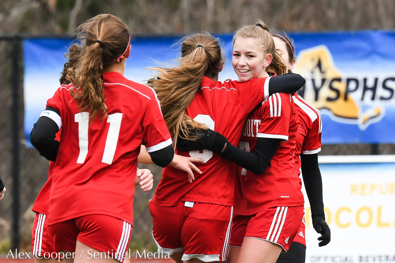 Sauquoit Valley players celebrate after scoring a goal during the Class C state final against Waterford-Halfmoon on Sunday at Cortland High School. The Indians lost 6-3.