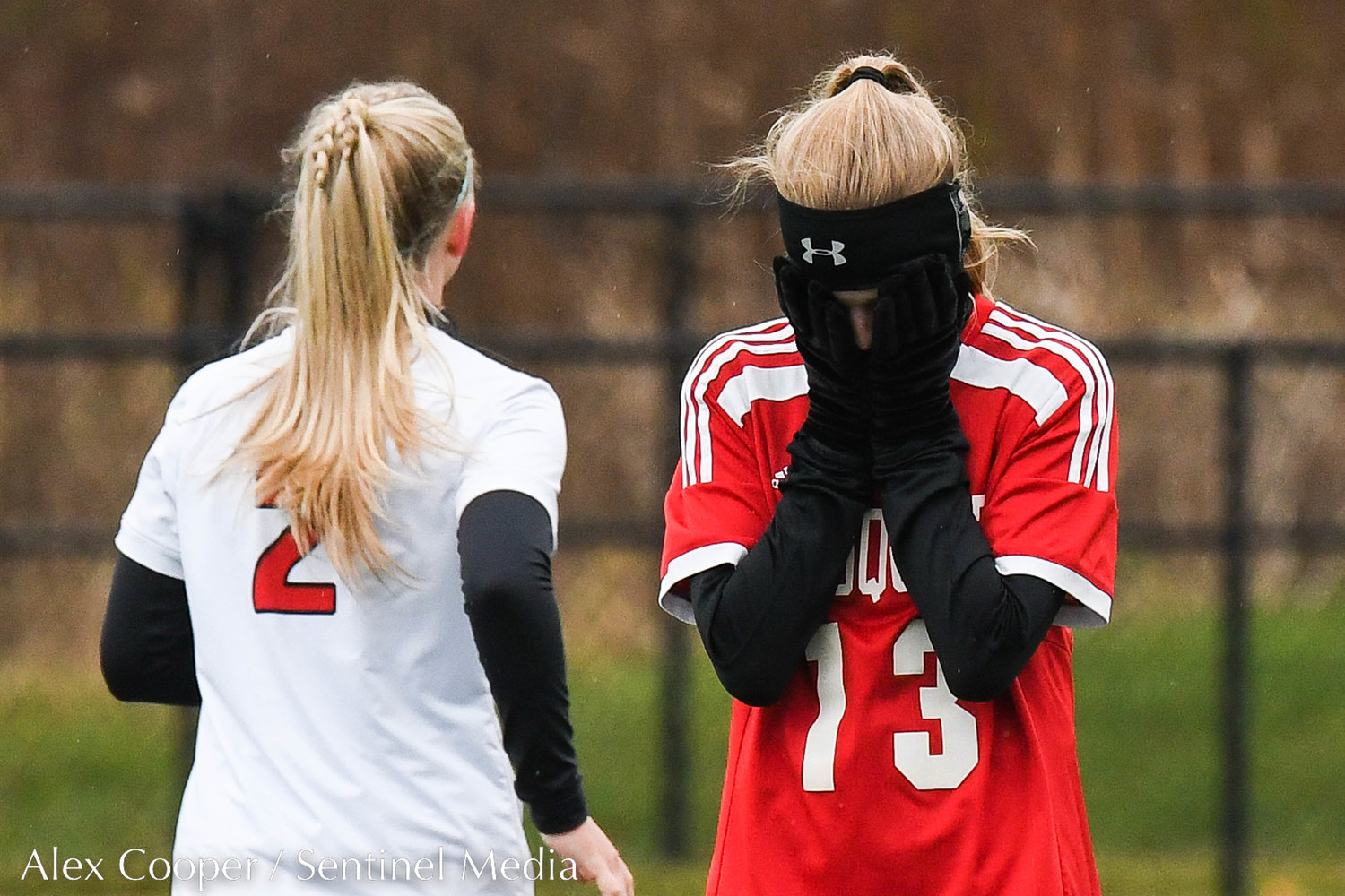 Sauquoit Valley player Kamryn Yerman (13) reacts after Waterford-Halfmoon scores a goal during the Class C state final on Sunday at Cortland High School. The Indians lost 6-3.