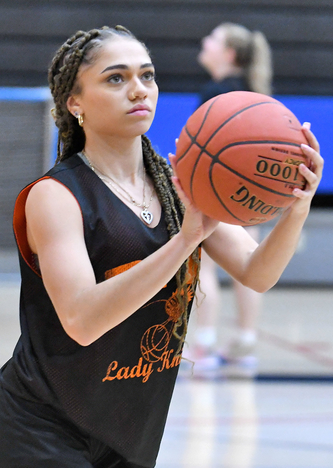 EYES ON THE HOOP — Rome Free Academy senior guard Alysa Jackson steps up for a shot in practice on Tuesday. Jackson and the Black Knights were 15-7 last season and return to action with a non-league game at West Genesee on Dec. 1.