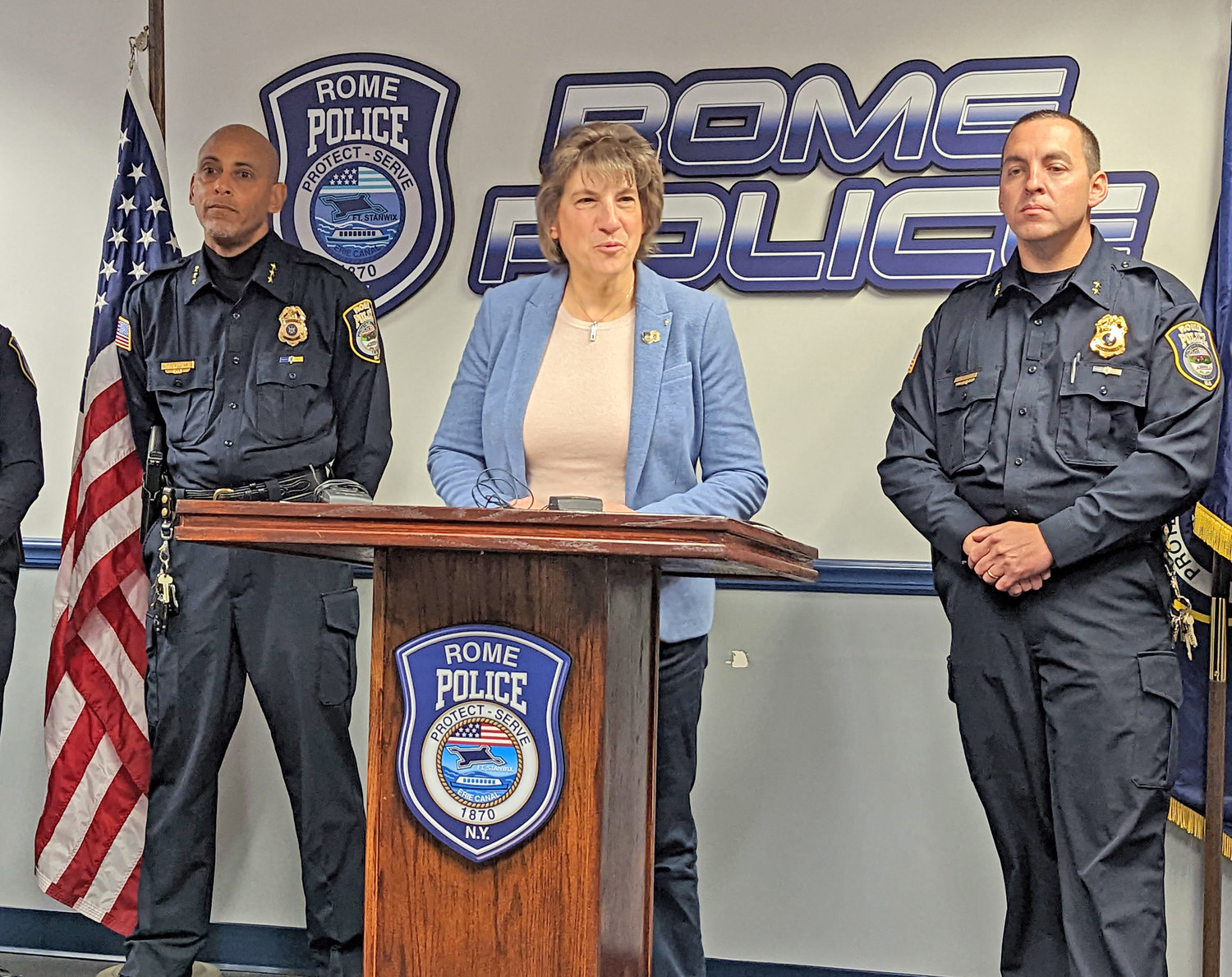 Mayor Jacqueline M. Izzo said Rome is “an extremely safe city” thanks to the efforts of the Rome Police Department. She said problems like bail reform and the lack of support for juvenile offenders and those with mental health issues need to be taken up by the New York State Legislature. From left: Police Chief David J. Collins; Izzo; and Deputy Chief Cheyenne D. Schoff.