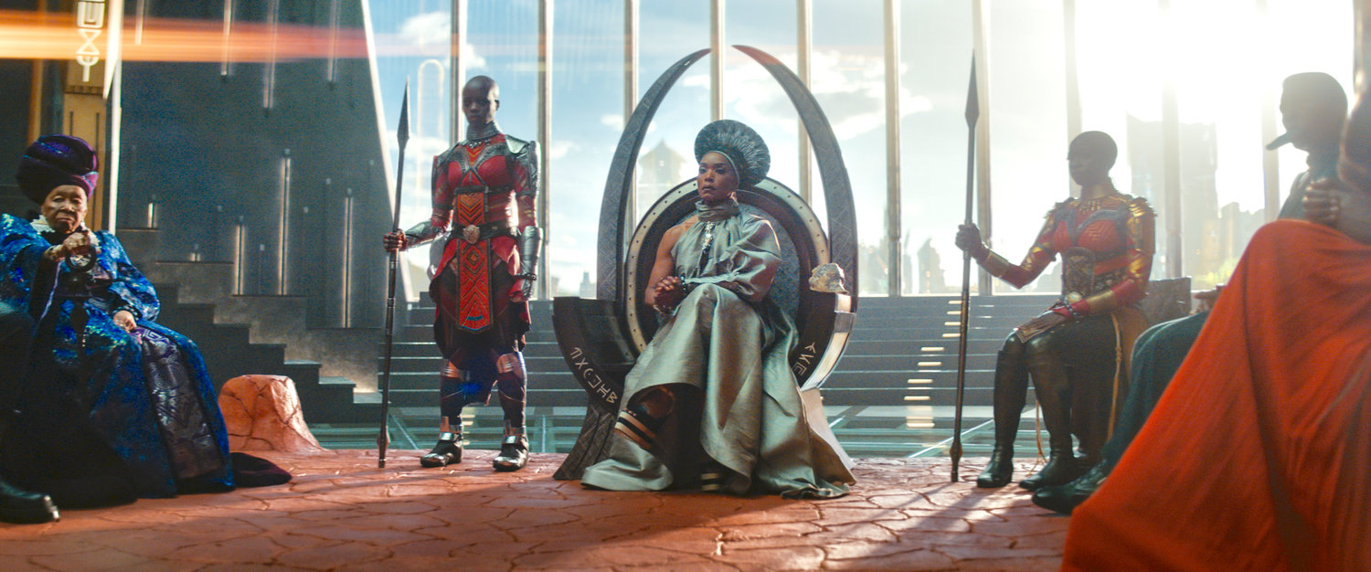 From left,  Dorothy Steel as Merchant Tribe Elder, Florence Kasumba as Ayo, Angela Bassett as Ramonda, and Danai Gurira as Okoye in a scene from "Black Panther: Wakanda Forever."