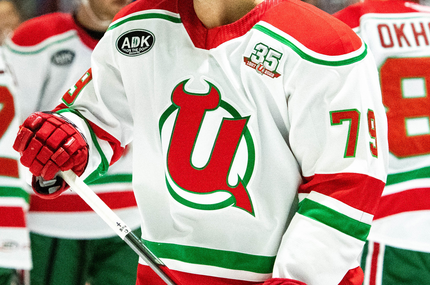 The Utica Comets sported a throwback Utica Devils jersey Saturday night at home to celebrate the 35th anniversary of when that team made its debut in the city as an AHL team. The Comets lost, however, 3-2.