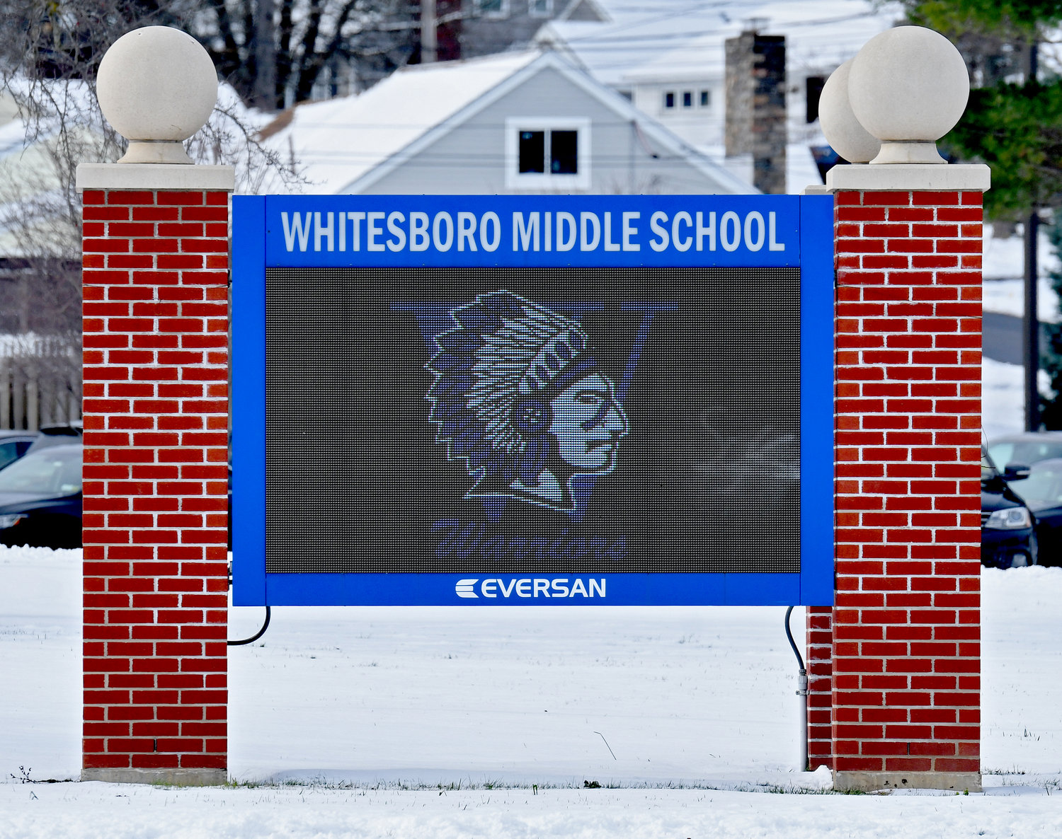 RIGHT: The image of a Native American is seen Monday on the marquee in front of Whitesboro Middle School.