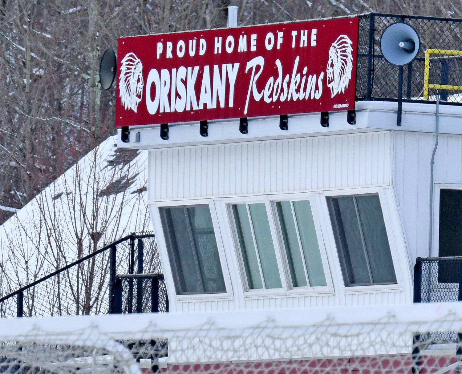 A sign pronounces the ‘home of the Oriskany Redskins’ Monday at Bernie Block Field in Oriskany.