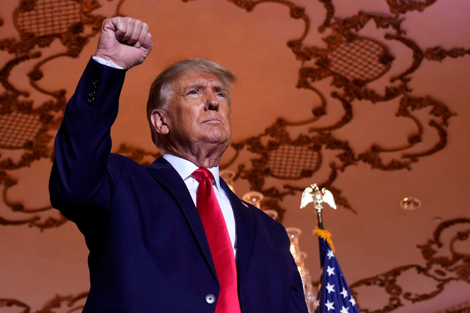 Former President Donald Trump stands on stage after announcing a third run for president at Mar-a-Lago in Palm Beach, Fla., Nov. 15. Trump has spent years teasing the prospect of another presidential run. But in the first week since announcing his third bid for the White House, he’s done little to suggest that he’s organizing a traditional campaign.