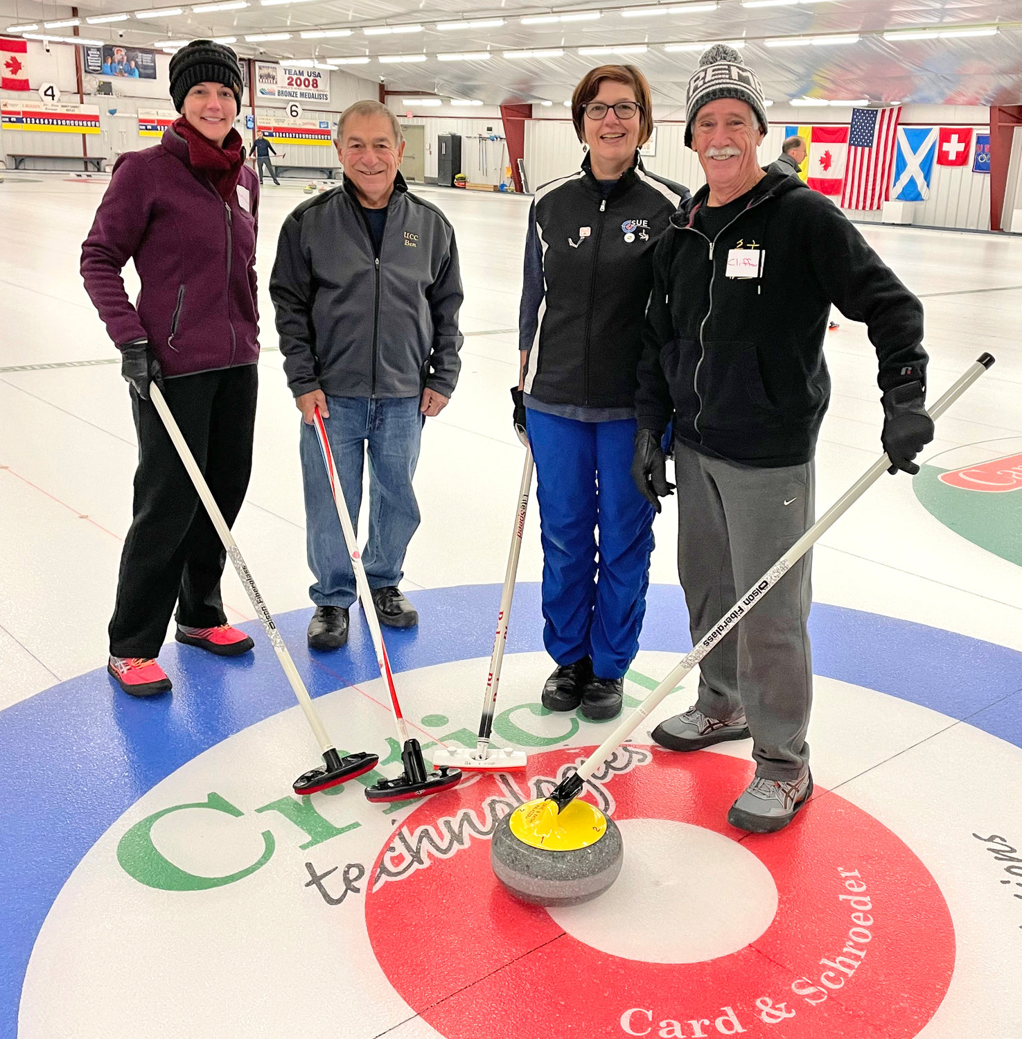A great indoor activity for winter, Clifford Crandall Jr. recently enjoyed learning the sport of curling at Utica Curling Club. From left are Amanda Crandall, Ben Gaetano, Sue Hansen and Crandall.