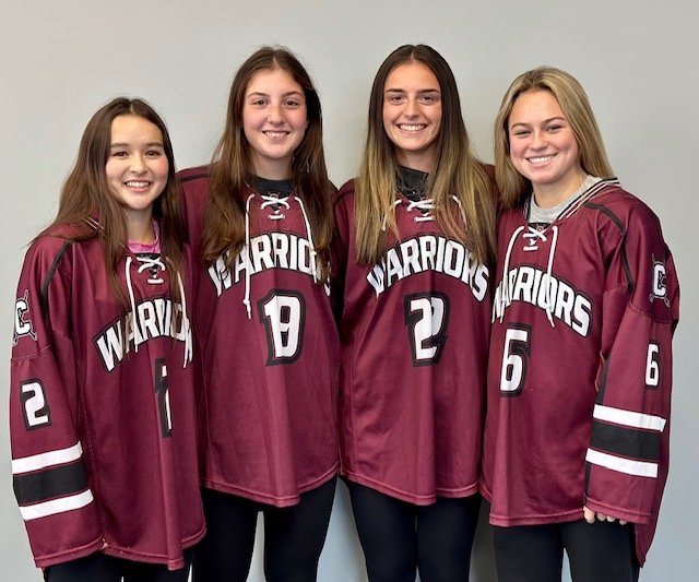 The four senior co-captains for the Clinton girls hockey team are, from left: Sadie Davignon, Alyssa Nardslico, Drew Kopek and Leah Hilton. The team was 10-2-1 last year and got to the Section III title game.