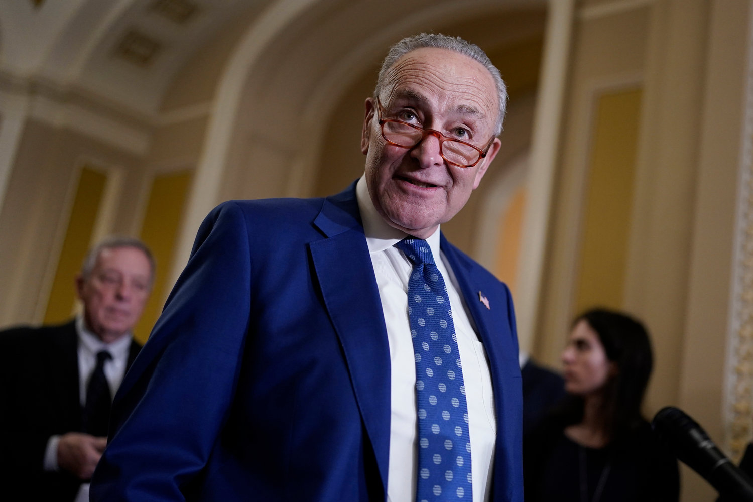 Senate Majority Leader Chuck Schumer, D-N.Y., speaks to reporters at the Capitol in Washington, Nov. 15, 2022. Democrats celebrating a successful effort to keep control of the U.S. Senate this year will soon confront a 2024 campaign that could prove more challenging.