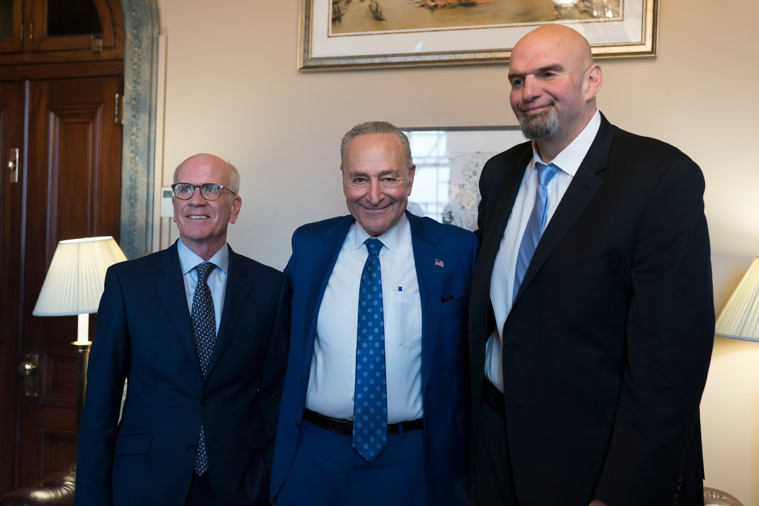 Senate Majority Leader Chuck Schumer, D-N.Y., center, welcomes Senator-elect Peter Welch, D-Vt., left, and Senator-elect John Fetterman, D-Pa., whose victories helped give Democrats the majority in the next Congress, at the Capitol in Washington, Tuesday, Nov. 15, 2022.