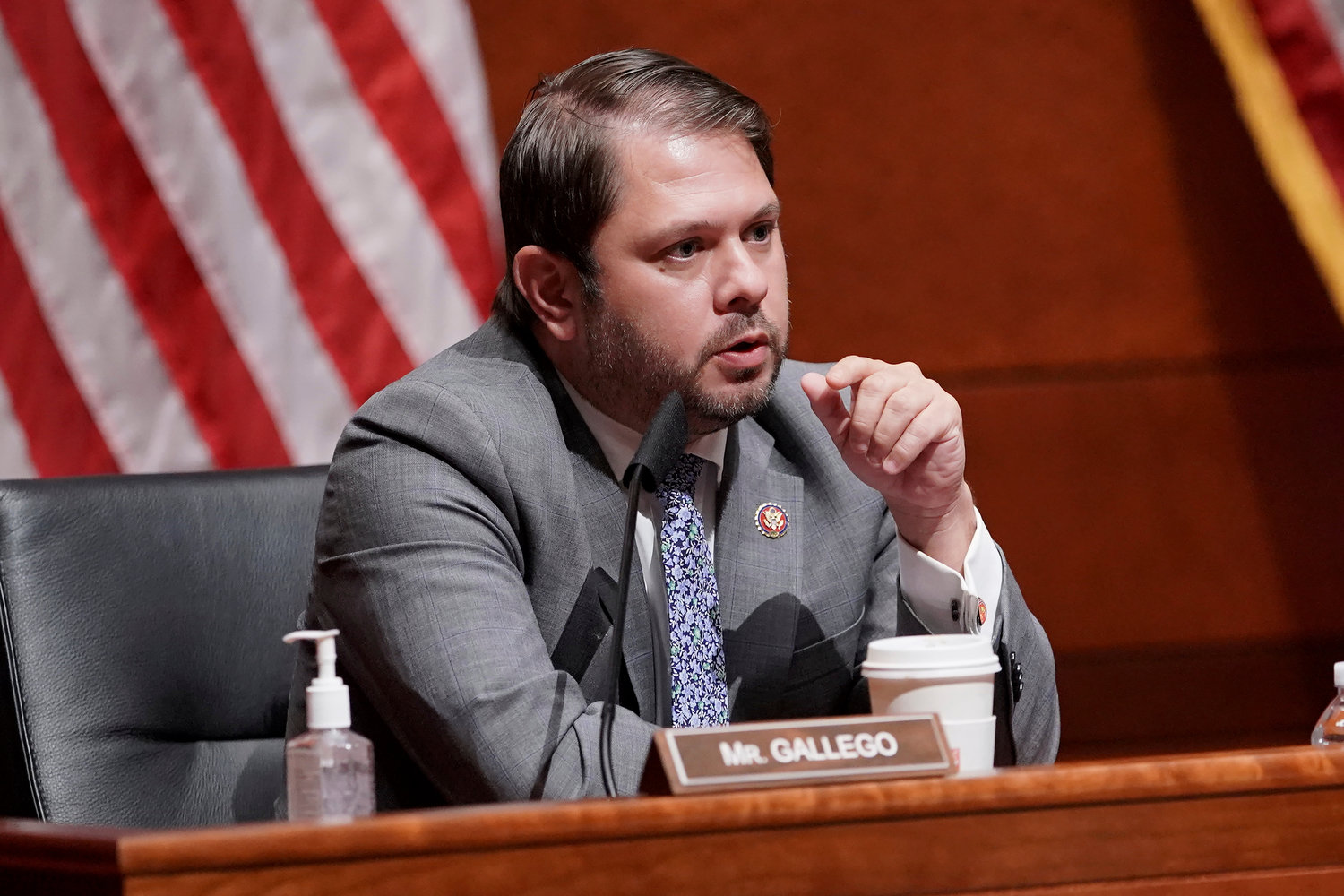 Rep. Ruben Gallego, D-Ariz., speaks during a House Armed Services Committee hearing on July 9, 2020, on Capitol Hill in Washington. In 2024 Sen. Kyrsten Sinema, D-Ariz., will be up for reelection. Sinema's most prominent potential primary challenger is Gallego, who has a long history of feuding with Sinema. Gallego has not announced his plans for 2024 but has made it no secret that he's thinking about challenging Sinema. He even raised money on the prospect he might oppose Sinema.
