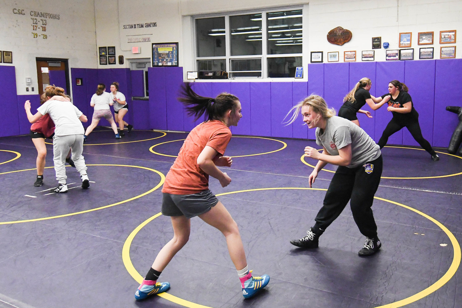 Holland Patent girls wrestlers practice on Monday at Holland Patent High School.