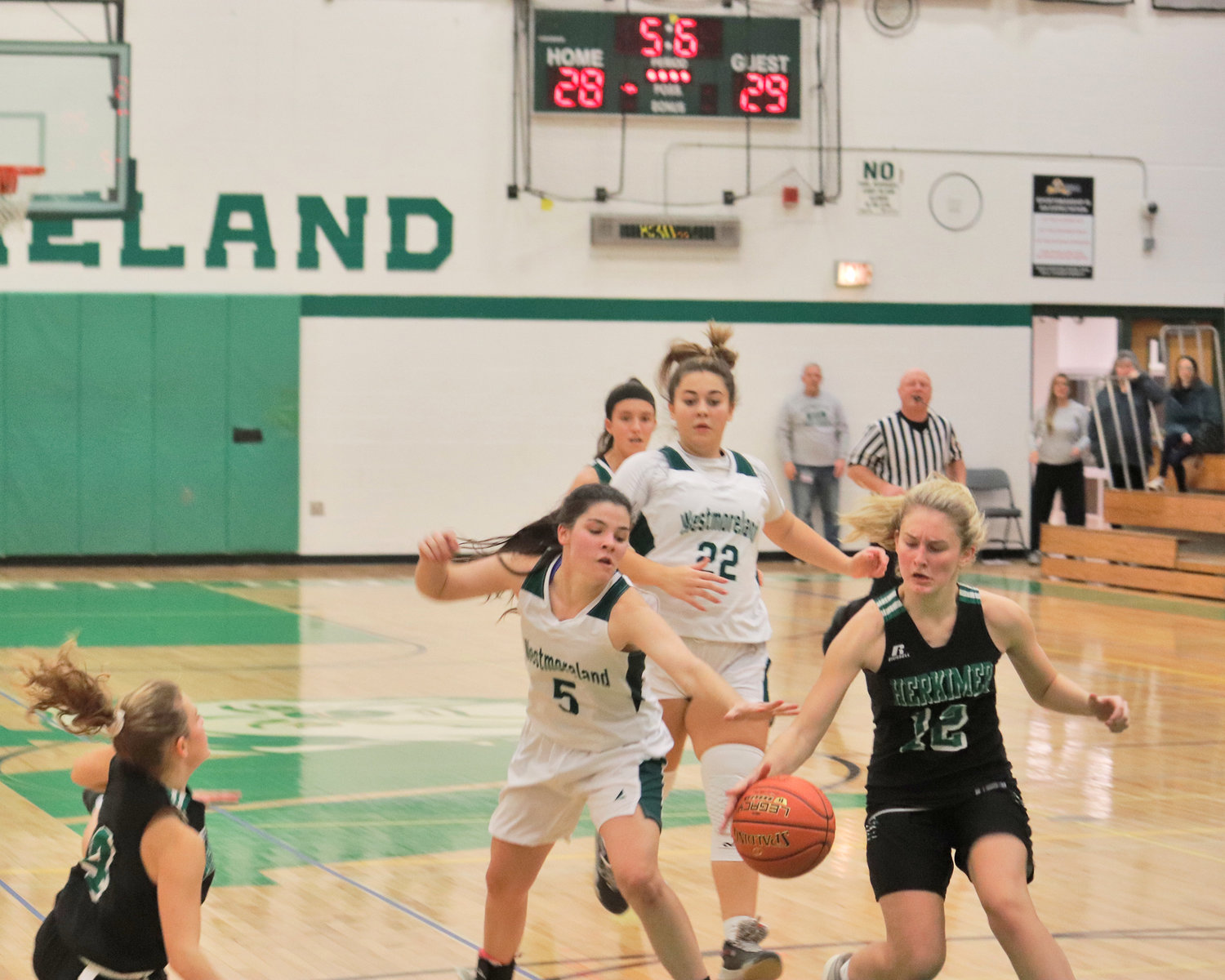 Westmoreland’s Madalynne Enos (5) scored with 2.8 seconds remaining Wednesday to help push the Bulldogs to a 30-29 win over Herkimer. It was Westmoreland’s first win of the season.