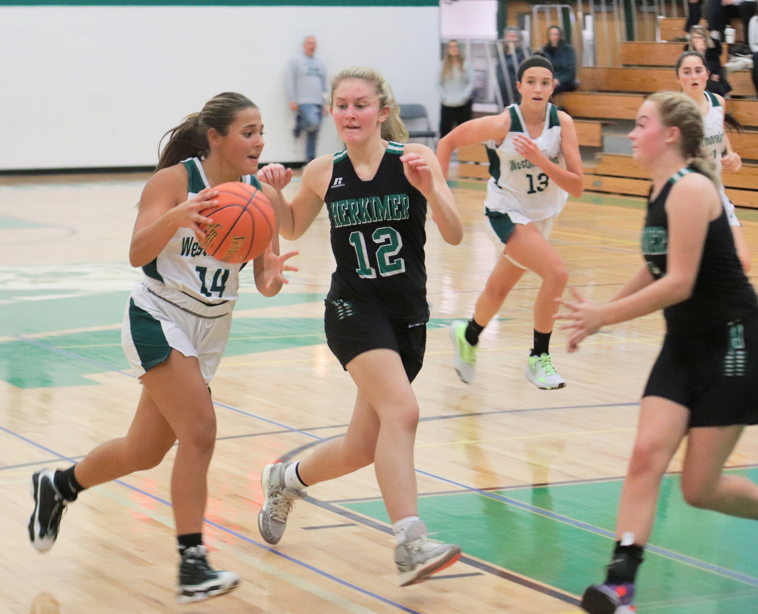 Westmoreland's Olivia Moore tries to make a move against visiting Herkimer on Wednesday.