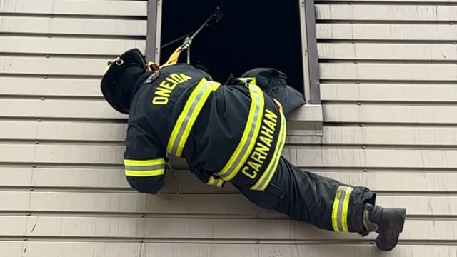 The Oneida Fire Department took part in a refresher bailout training at the Madison County Fire Training Center this week, keeping skills sharp should firefighters need to rapidly escape from an elevated building in an emergency situation. Pictured is Oneida Firefighter Jeremy Carnahan as he repels from a building.