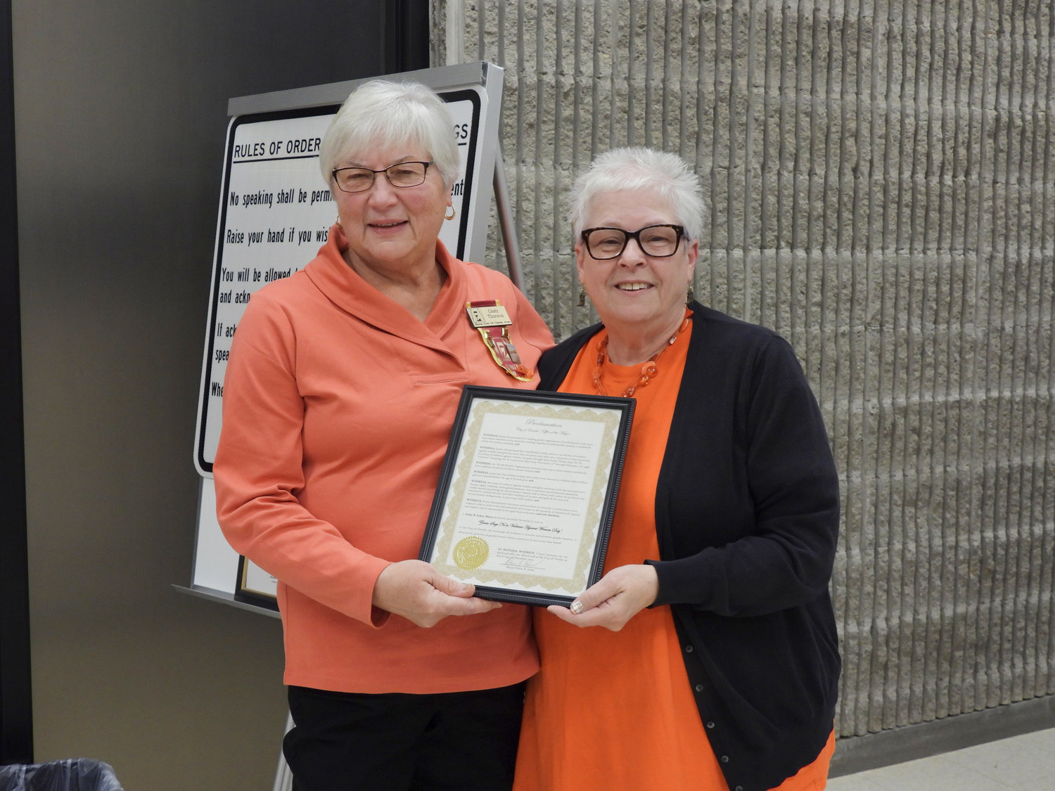 The Oneida Common Council held its regular meeting on Tuesday, Dec. 6, where Mayor Helen Acker, right, presented Oneida Area Zonta Director Cindy Thurston with a proclamation declaring Dec. 6, 2022, as "Zonta Says No to Violence Against Women Day," recognizing the Zonta awareness campaign of violence against women for 16 consecutive days from Nov. 25 to Dec. 10.