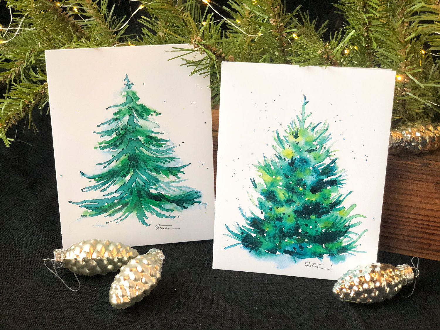 Handmade watercolor Christmas tree cards.