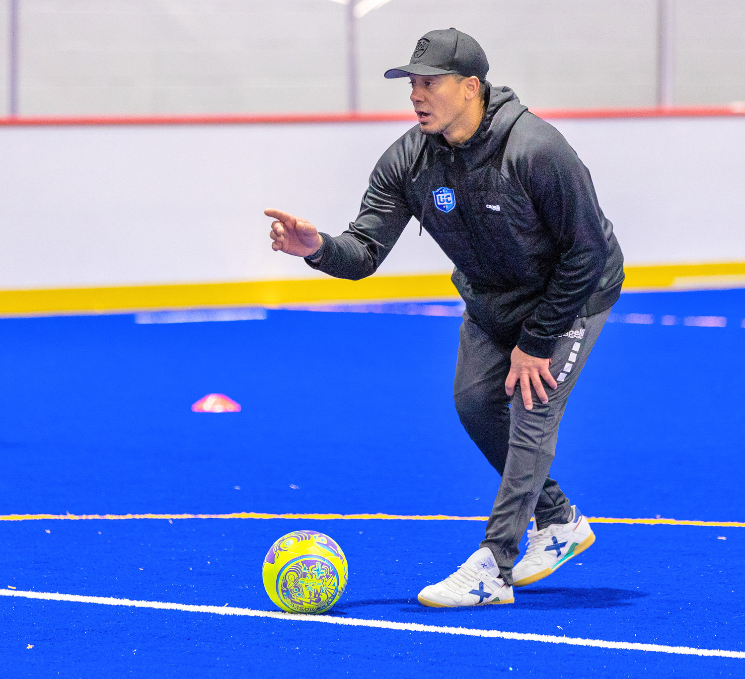 Hewerton Moreira, in his first year as the head coach of Utica City FC, offers instruction at practice earlier this week. The team lost its season-opener 8-7 in Baltimore and plays a road match against the Harrisburg Heat today. Then Utica will host Harrisburg in its home opener at 3 p.m. Sunday at the Adirondack Bank Center.