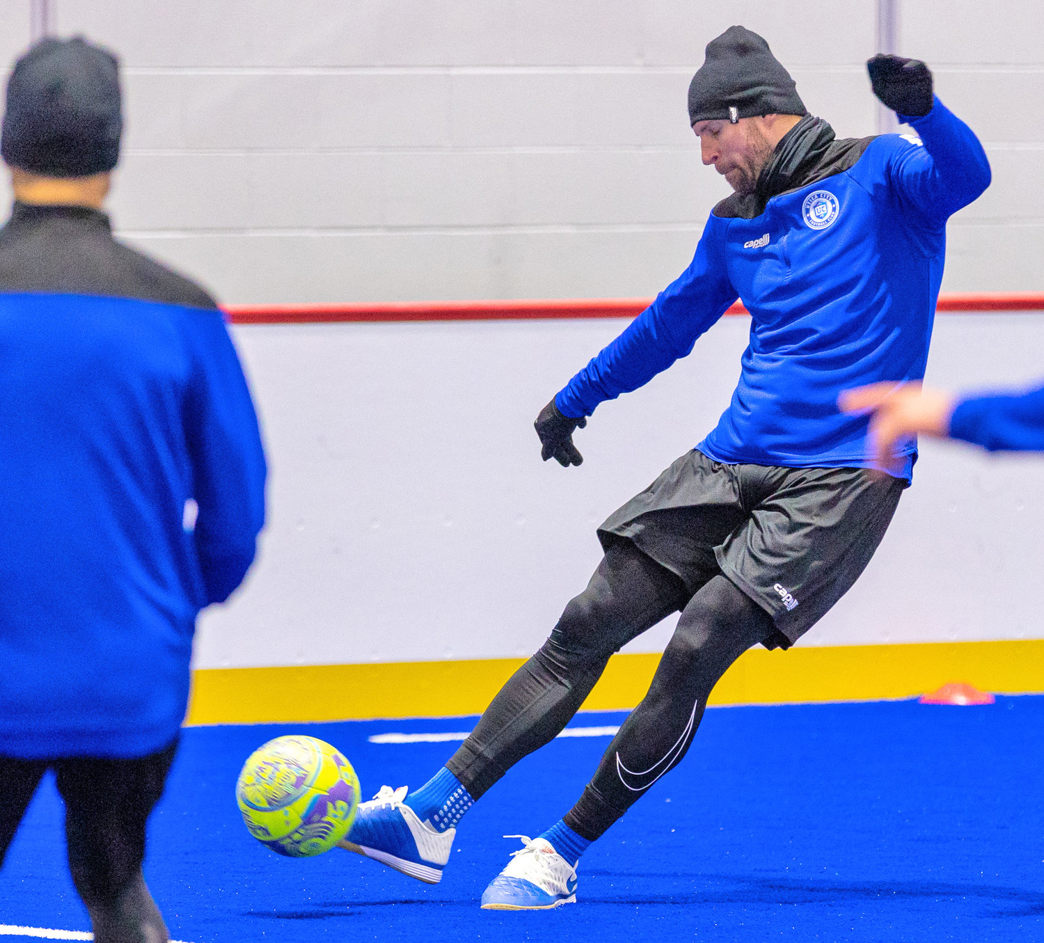 Bo Jelovac takes a shot in practice earlier this week for Utica City FC.