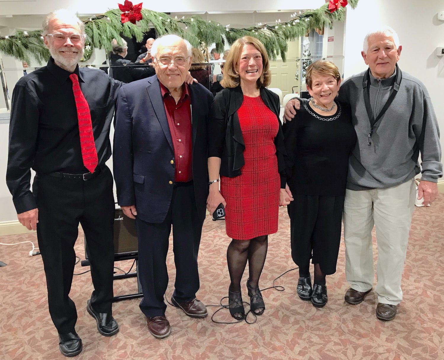 B Sharp Club seniors entertainers pose for a photo following a recent gig at Sunset Wood Apartments in New Hartford. From left, Ted Lenio, Peter Costianes, Gail Brett, Jo Ann Geller, and Pete Ruben.