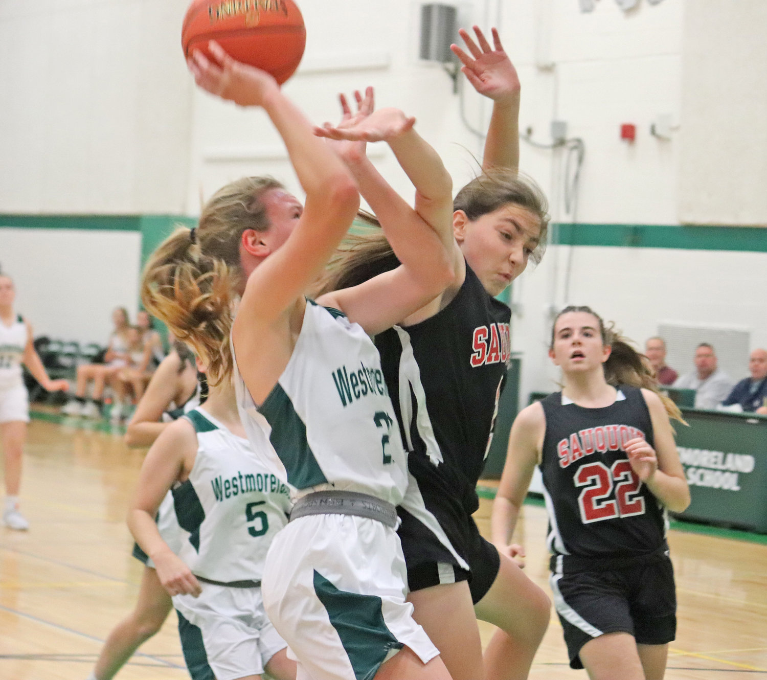Emily Gubbins of Westmorelland shots as Alaina Weaver of Sauquoit Valley tries to get a hand on the ball Friday in Westmoreland. The Bulldogs won 55-29 on home court. Gubbins contributed three points.