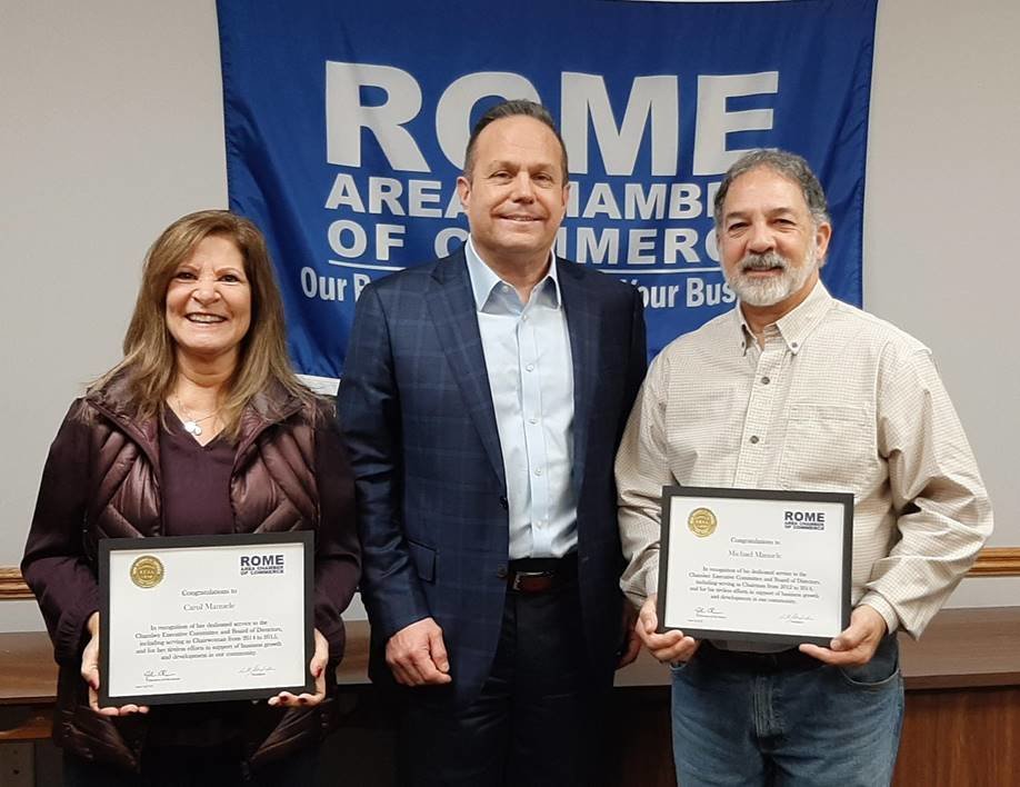 Rome Area Chamber of Commerce Chairman John Calabrese, center, presents chamber recognition awards to Carol Manuele, left, and Michael Manuele, right. Carol Manuele is a past chamber executive committee and board of directors member, and served as the organization’s chairwoman from 2014 to 2015. Michael Manuele is a past chamber executive committee and board of directors member, and served as chairman from 2012 to 2014.