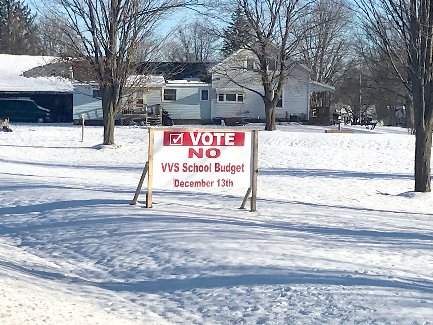 A sign is seen on Route 365 in Verona encouraging Vernon-Verona-Sherrill Central School district residents to vote no to the proposed 2024 capital improvement plan. The proposal was defeated 590-527 Tuesday.