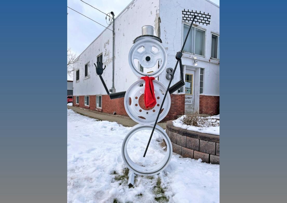 Created by Shane Nodine, a nearly six-foot-tall snowman sculpture made of scrap metal sits outside the Madison County Highway Department in Wampsville.