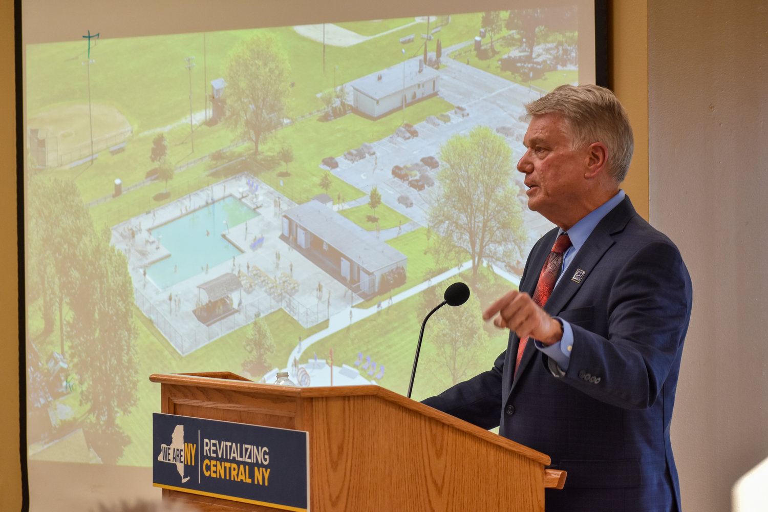 New York State Canal Corporation Director Brian Stratton announced the eight projects to be awarded Downtown Revitalization Initiative (DRI) funding in the City of Oneida. Pictured is renderings of upgrades to be made at Veteran's Memorial Field.