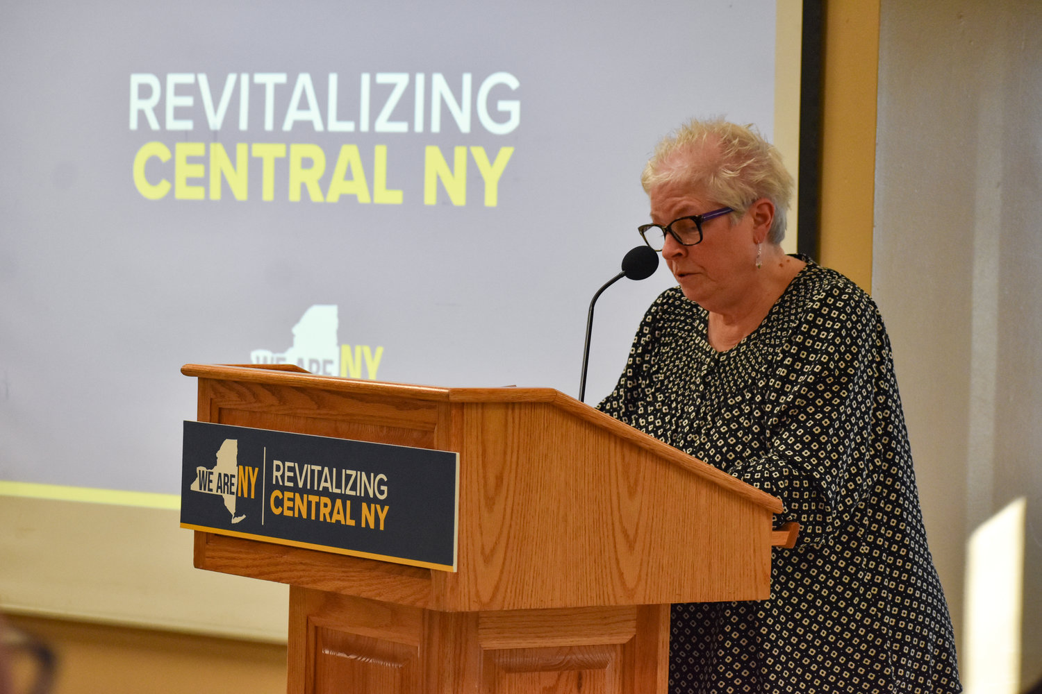 Oneida Mayor Helen Acker shares remarks in the Southwest Community Center in Syracuse after it was just announced which Oneida projects will move forward as part of its Downtown Revitalization.