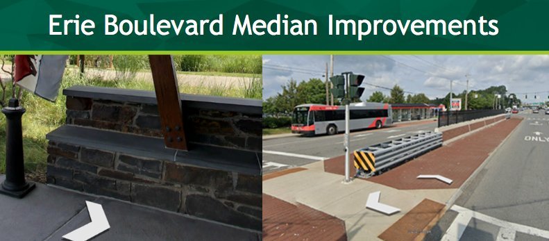 This photo shows the existing median and a rendering of a median wall as part of improvements being considered for the Erie Boulevard Transportation Alternatives Project, which includes the Freedom Plaza corridor that runs between George and James streets.