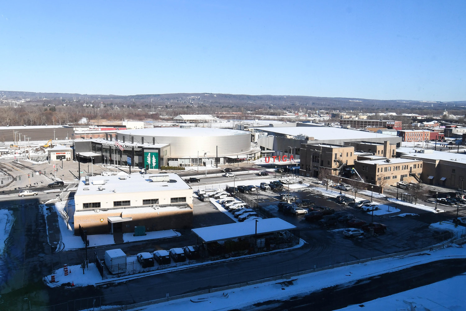 A view of the Adirondack Bank Center and the Nexus Center in downtown Utica from the 6th floor at the Wynn Hospital.
