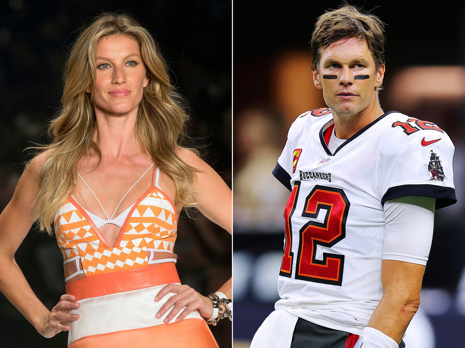 This combination of photos shows Brazilian supermodel Gisele Bundchen modeling the Colcci Summer collection at Sao Paulo Fashion Week in Sao Paulo, Brazil, on April 15, 2015, left, and Tampa Bay Buccaneers quarterback Tom Brady before an NFL football game against the New Orleans Saints, on Sept. 18, 2021, in New Orleans. The couple announced their divorce, ending their 13-year marriage. (AP Photo/Andre Penner, left, and Jonathan Bachman)