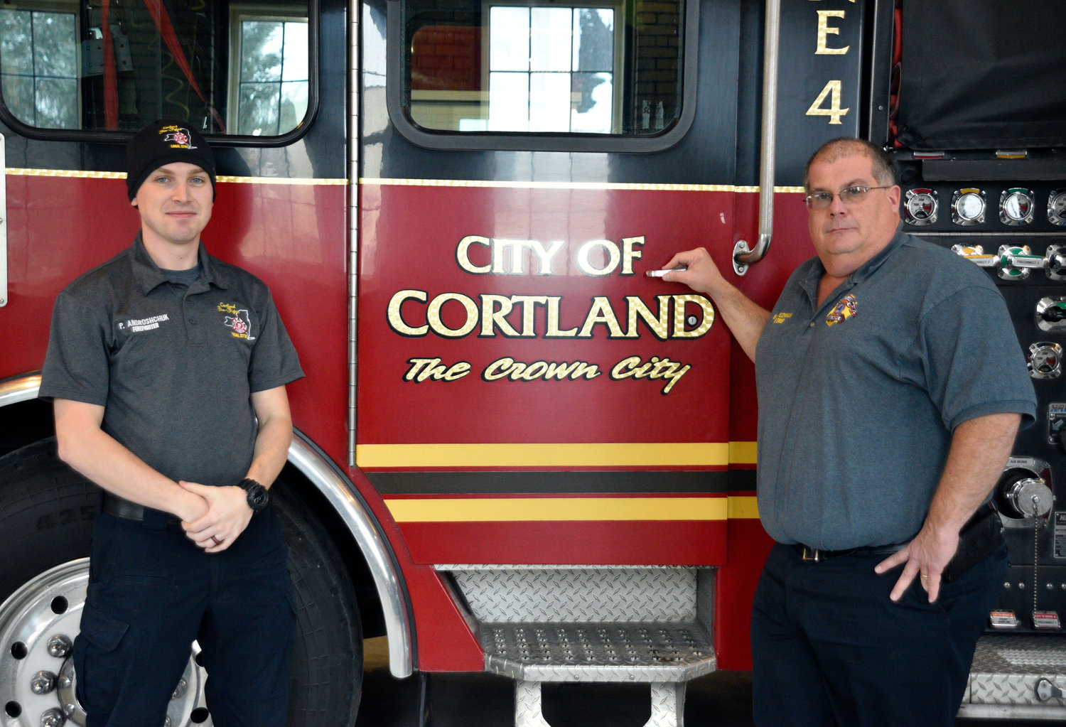 Cortland Firefighter Pavel Androshchuk, left, with the help of Fire Chief Wayne Friedman, right, along with Battalion Chief Derek Reynolds, the Cortland Ukrainian Pentecostal Church and many others — with approval from Cortland’s Common Council — has shipped more than 200 sets of protective gear to Ukraine, which has been seen on the frontlines, and in some of the areas of heaviest conflict in the country.