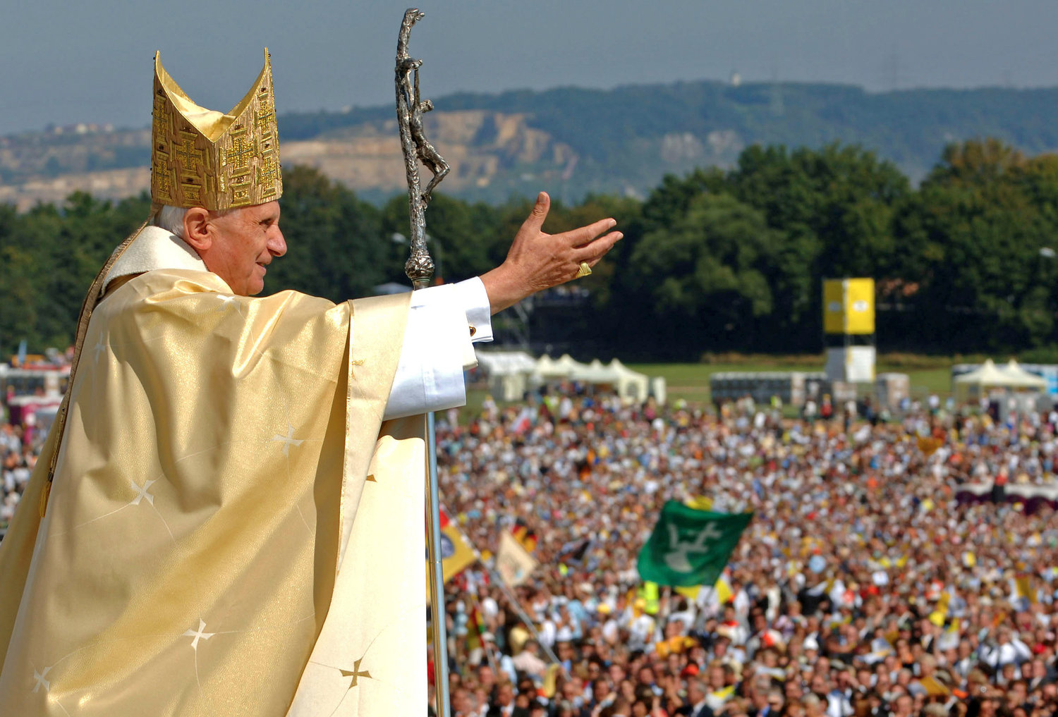 Pope Benedict XVI waves to the crowd at the end of a papal Mass at the Islinger field in Regensburg, southern Germany, some 75 miles northeast of Munich, in this September 2006 file photo.