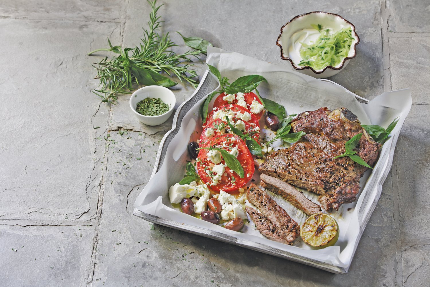 Greek-Style Flank Steak with Tangy Yogurt Sauce