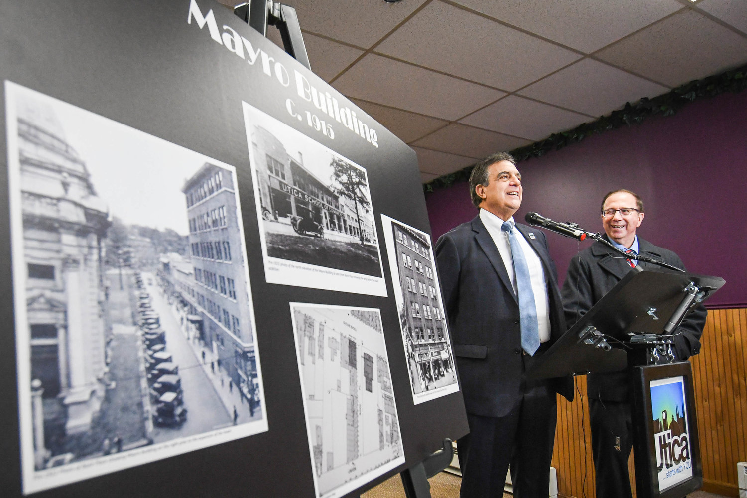 Utica Mayor Robert Palmieri and Senator Joseph Griffo speak during an announcement on Thursday regarding a $4 million award for funding toward the Mayro Building on Bank Pl. in Utica. Once completed, the Mayro Building will become a mixed-use building that hosts office space, 47 new market-rate apartments and various retail storefronts.