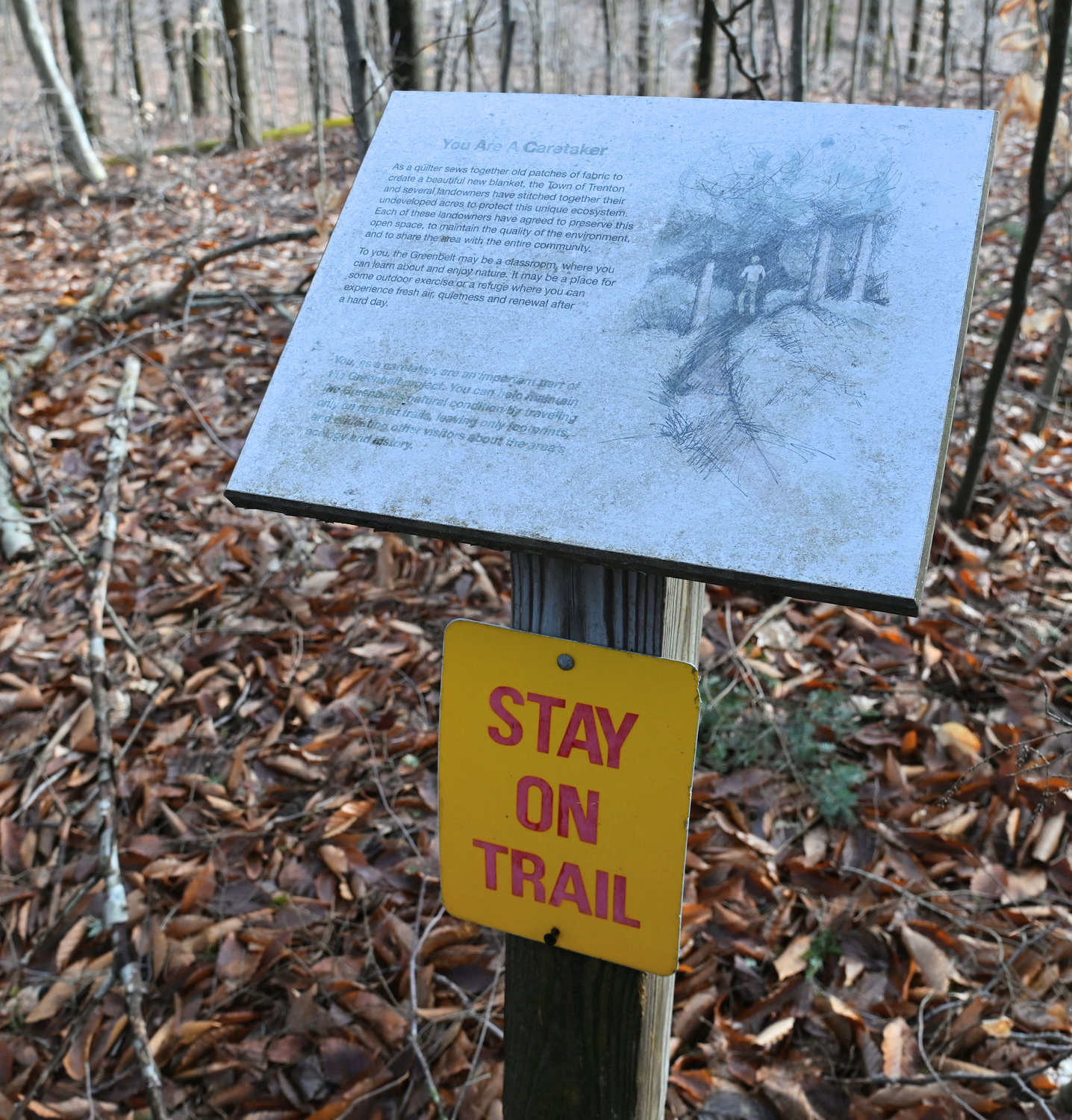A sign on the trail of the Trenton Greenbelt Trails shelter Thursday, January 5, 2023.