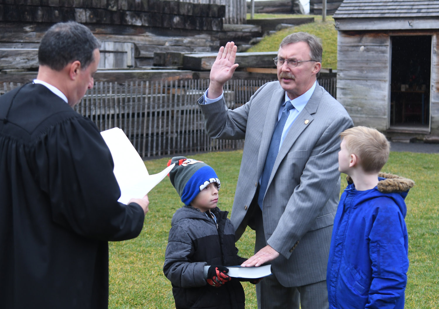 NY assemblyman Brian Miller is sworn in by Judge Gregory Amoroso with third grade.representatives from Camden Elementary School are  Jaxon Walker and Thomas Griner Friday, January 6, 2023.