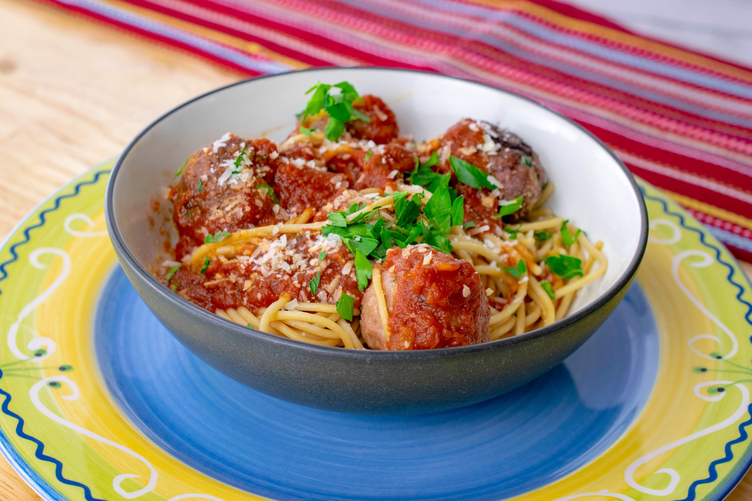 Turkey and beef meatballs with whole wheat spaghetti.