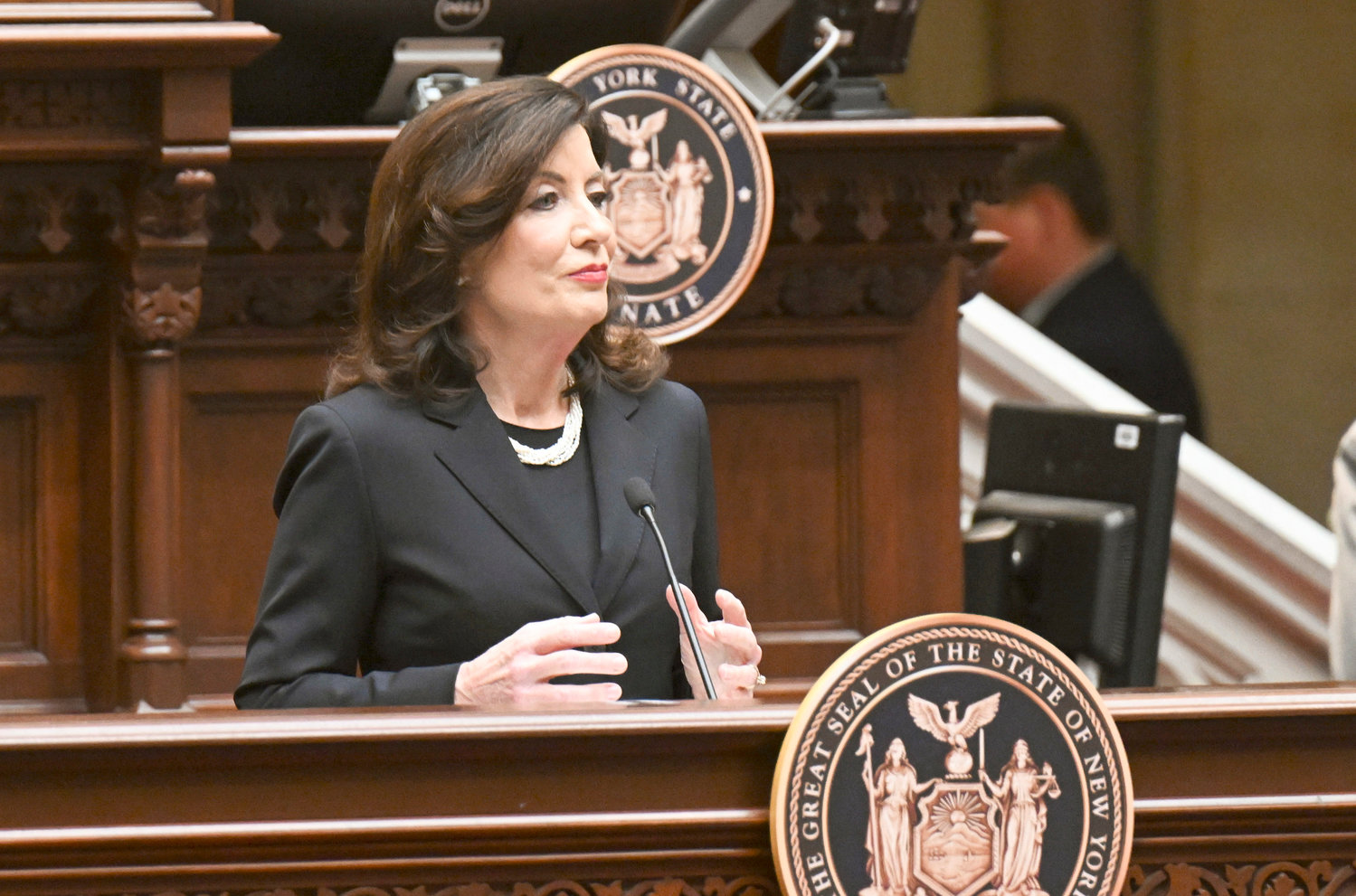 Gov. Kathy Hochul delivers her State of the State address in the Assembly Chamber at the state Capitol, on Tuesday, Jan. 10, in Albany. As part of her speech, Hochul unveiled a plethora of proposals, ranging from enhancing the state’s economic to boosting state aid for local school districts.