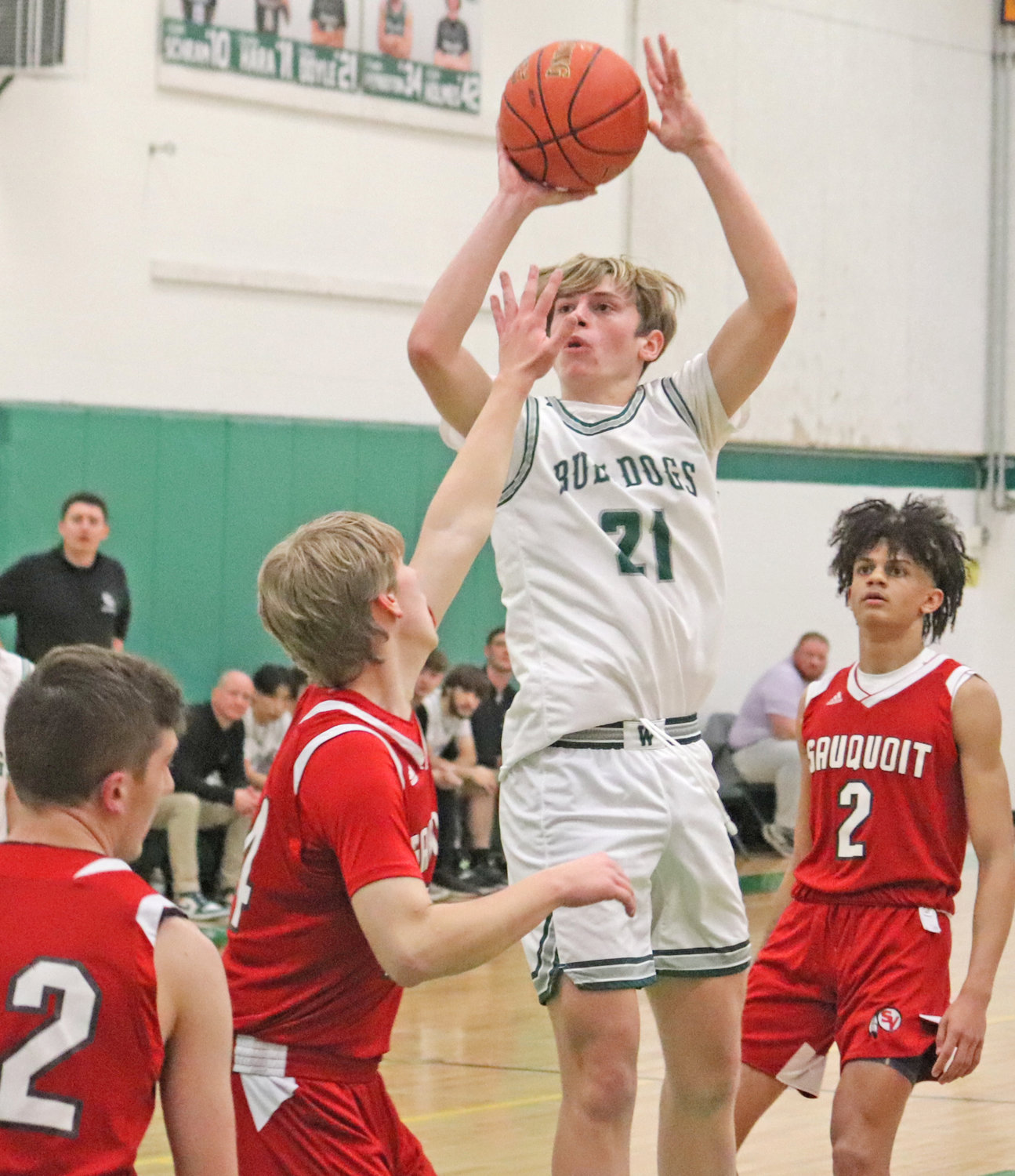 Westmoreland’s Bryan Doyle goes up for a shot against Sauquoit Valley Tuesday night at home. Doyle’s three-pointer tied the game at the end of regulation to get the game to overtime, where the Bulldogs won 57-54. Doyle led the team with 13 points.