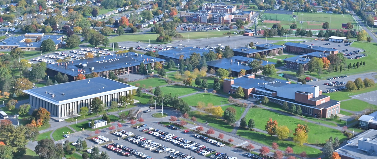 Mohawk Valley Community College’s Utica campus is shown in this aerial from October 2022. U.S. Sen. Charles E. Schumer announced federal funding to help construct a semiconductor training facility at the campus.