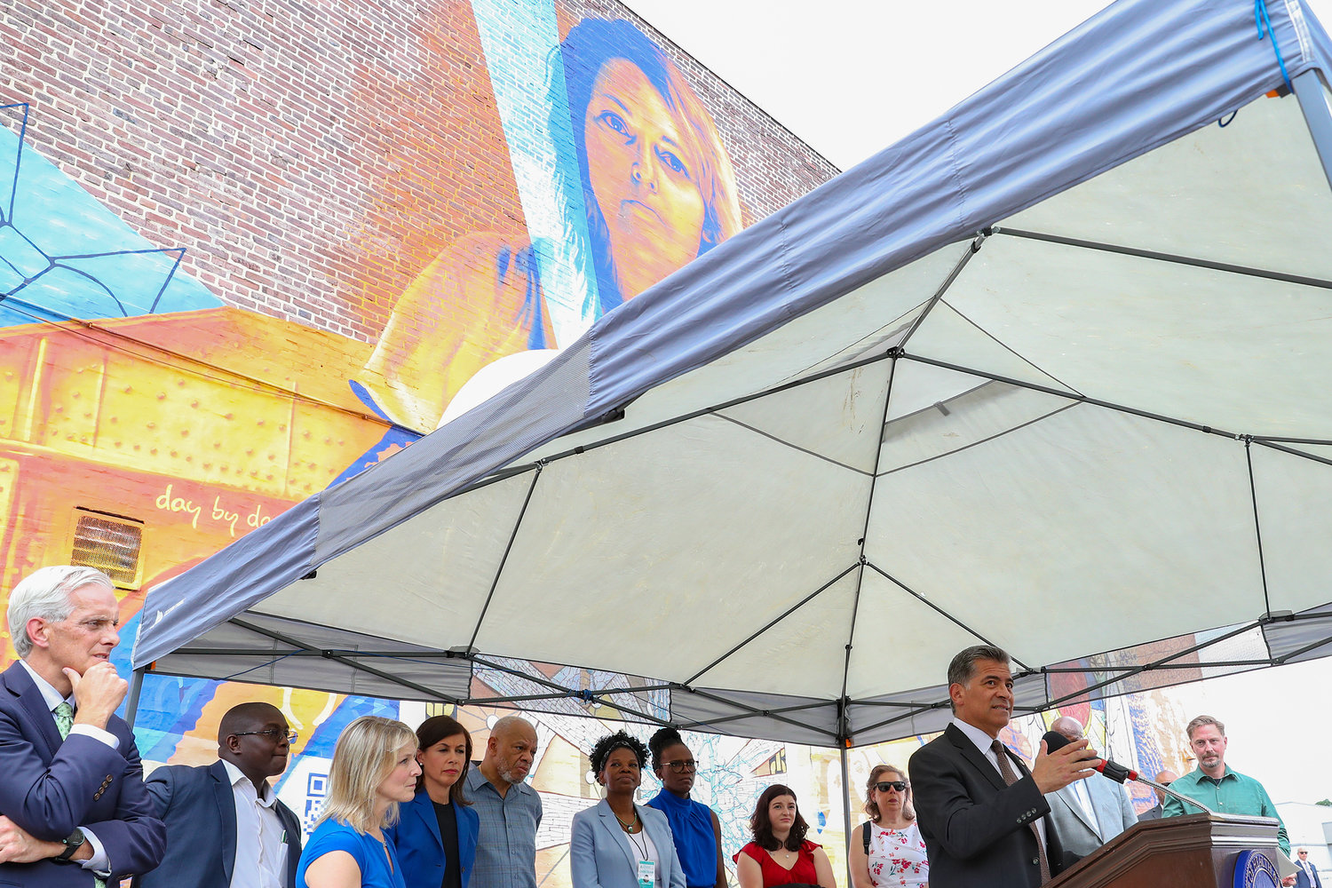 Xavier Becerra, Secretary of the Department of Health and Human Services, speaks during a press conference on the kickoff of 988, a new national mental health hotline, Friday, July 15, 2022, in Philadelphia. The press conference took place in front of the Contemplation, Clarity and Resilience mural by artist Eric Okdeh, which is a mural that represents, among many other things, the process of overcoming hardships.