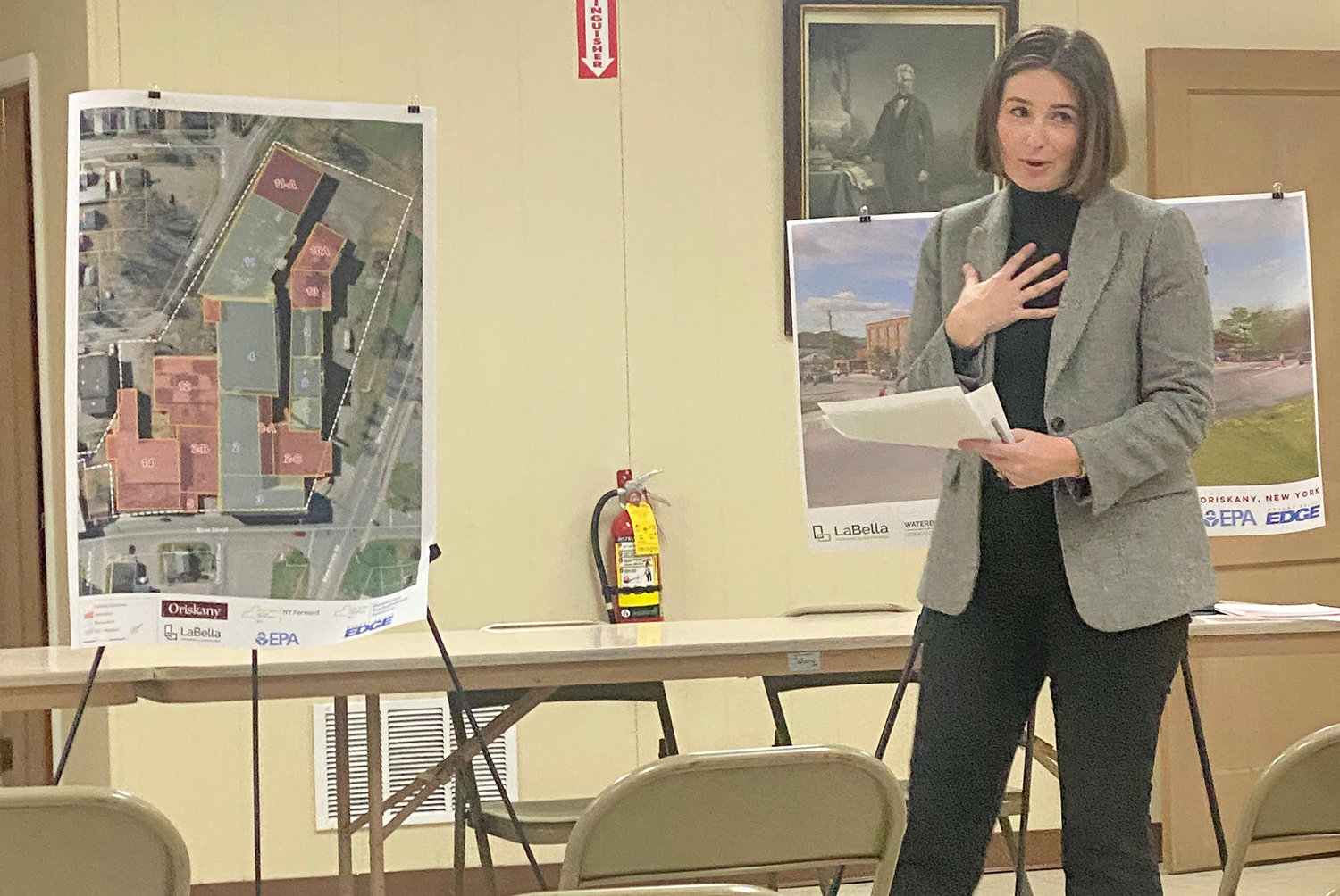 A representative of LaBella Associates, of Rochester, discusses the possibilities for the future of the old Waterbury Felt Mill in Oriskany during a meeting of the village Planning Board on Tuesday.