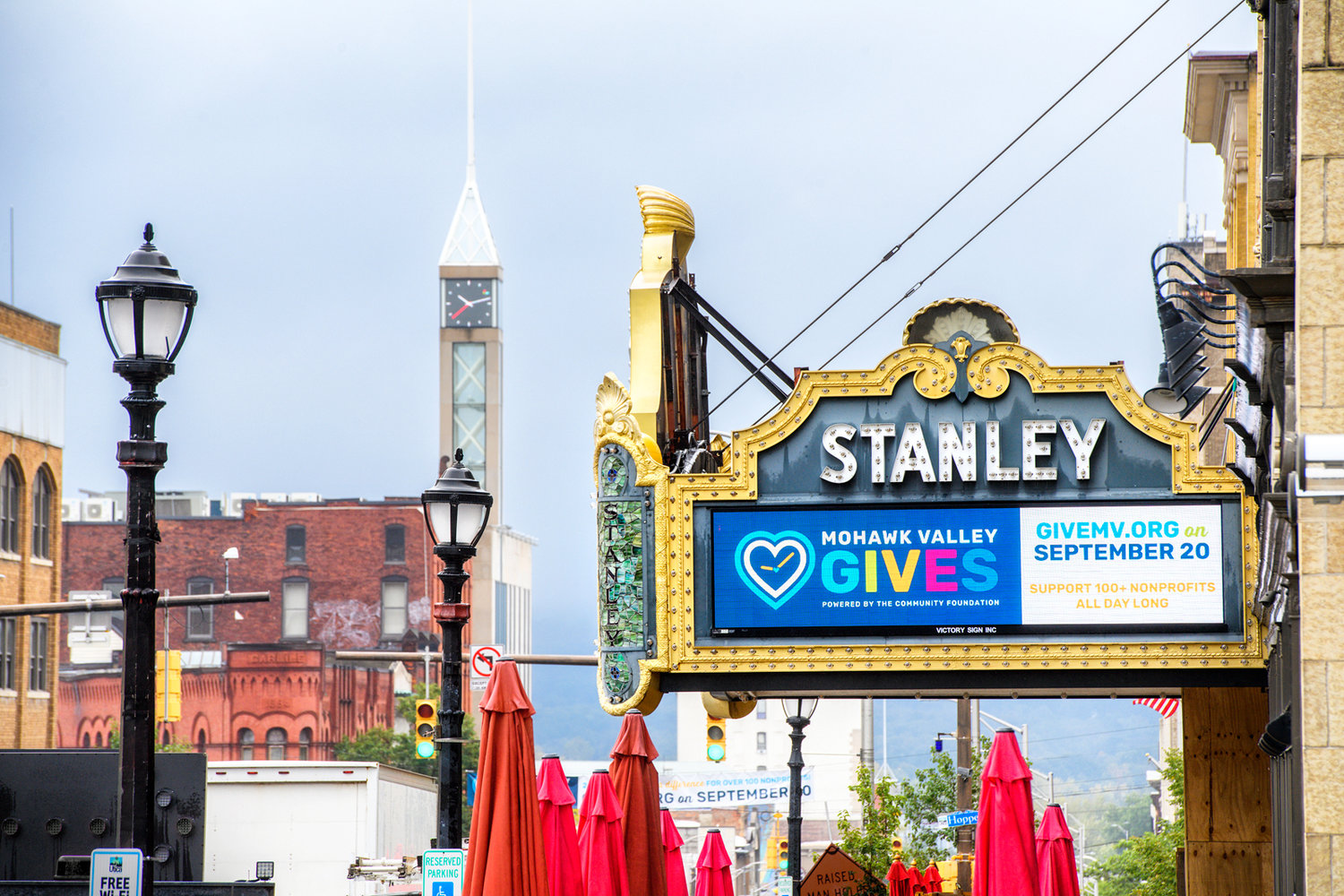 The colorful marquee of the Stanley Theatre, 259 Genesee St., is shown in this 2022 file photo. The theatre, an anchor of Utica’s Downtown District, has joined with several other Upstate performing arts centers to seek additional state support.