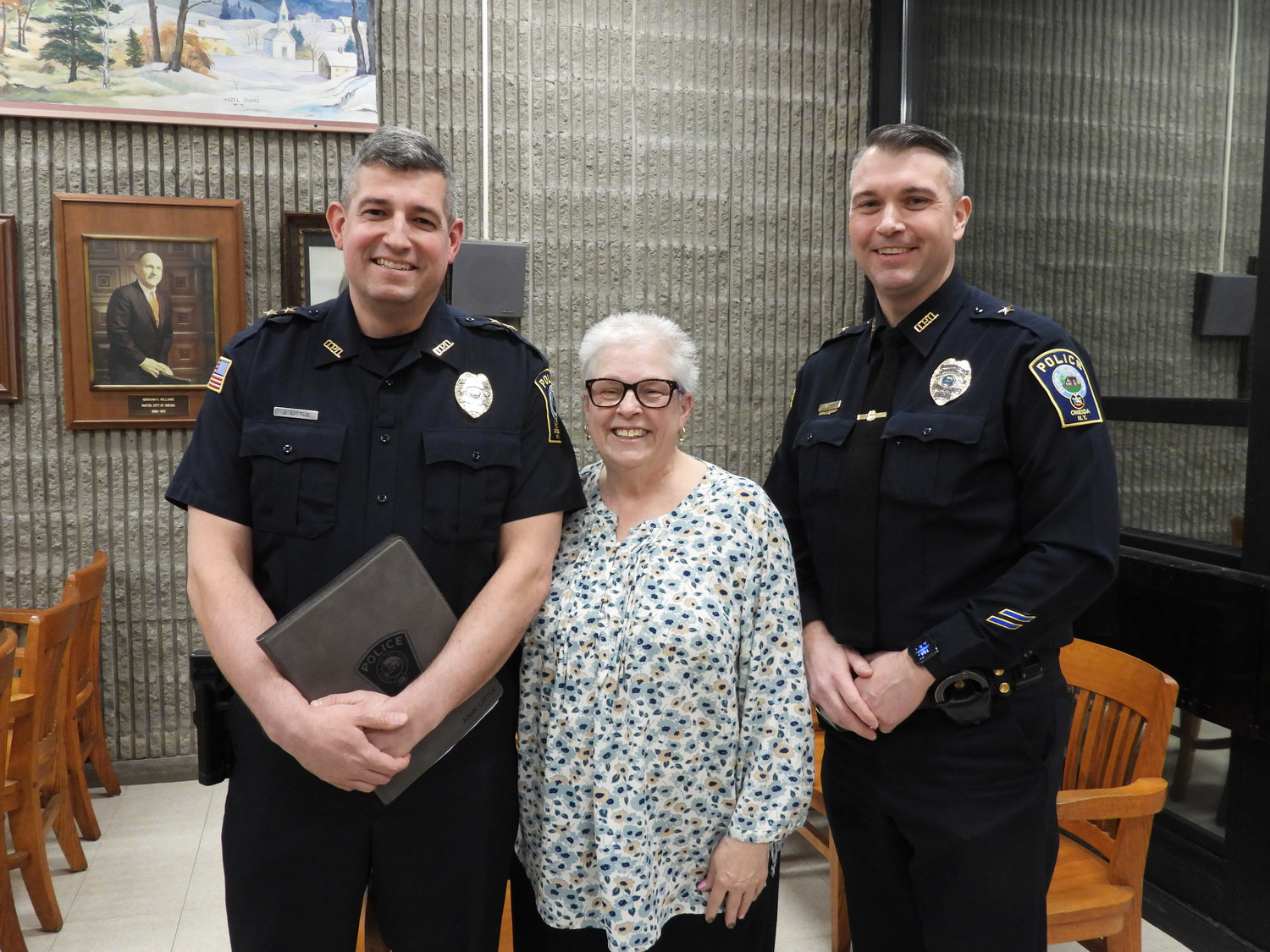 Mayor Helen Acker stands with Police Chief John Little and Assistant Police Chief Steven Lowell. Little has announced his retirement, effective Feb. 20. Lowell has been tapped by Acker to succeed Little.