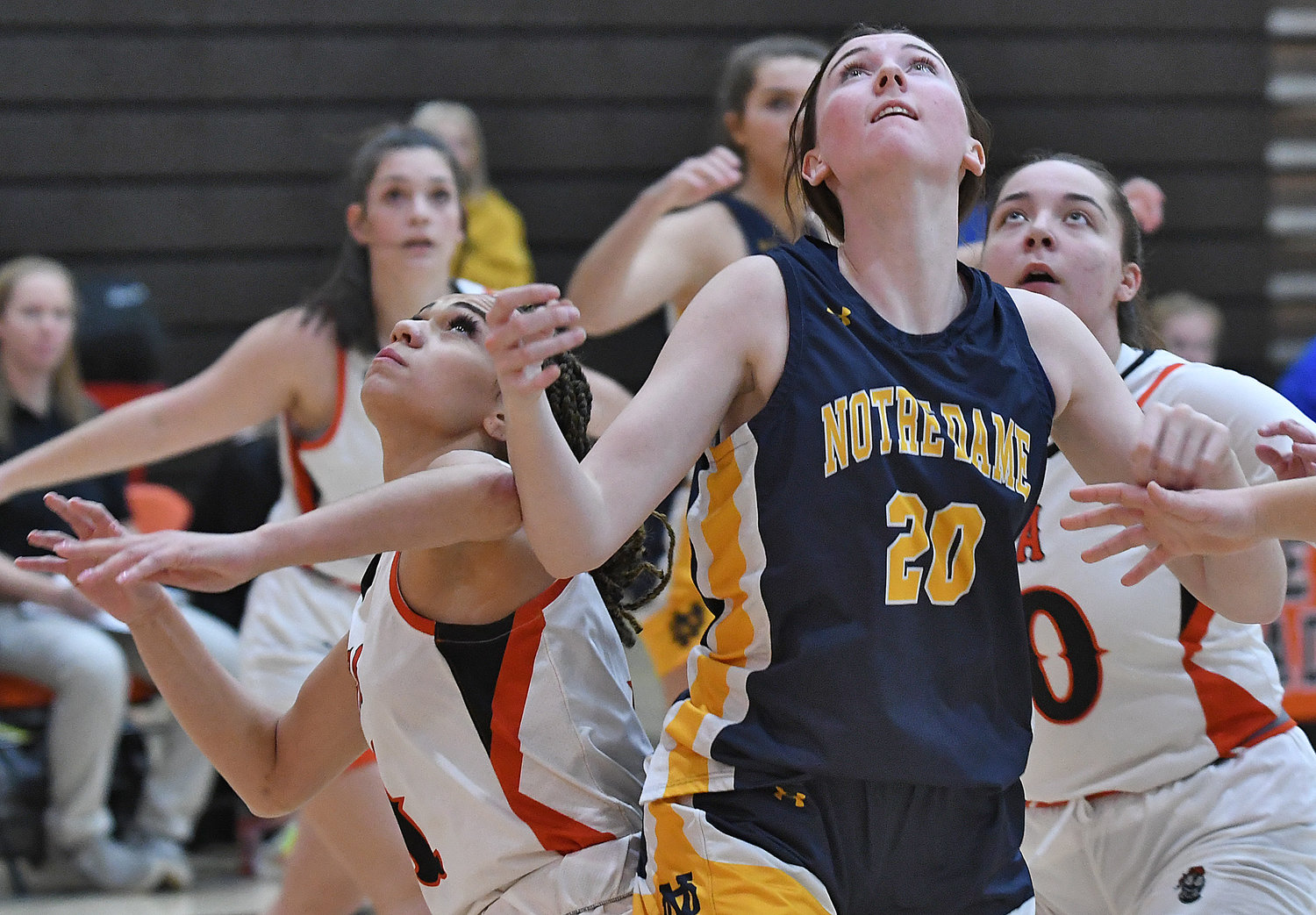 Utica-Notre Dame's Ella Trinkaus awaits a possible rebound while flanked by Rome Free Academy's Alysa Jackson, left, and Raelyn Dole.